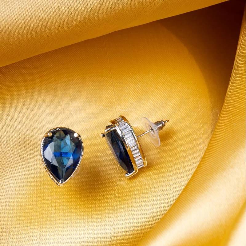 Rhodium-Plated American Diamond Leaf Shaped Studs Earrings