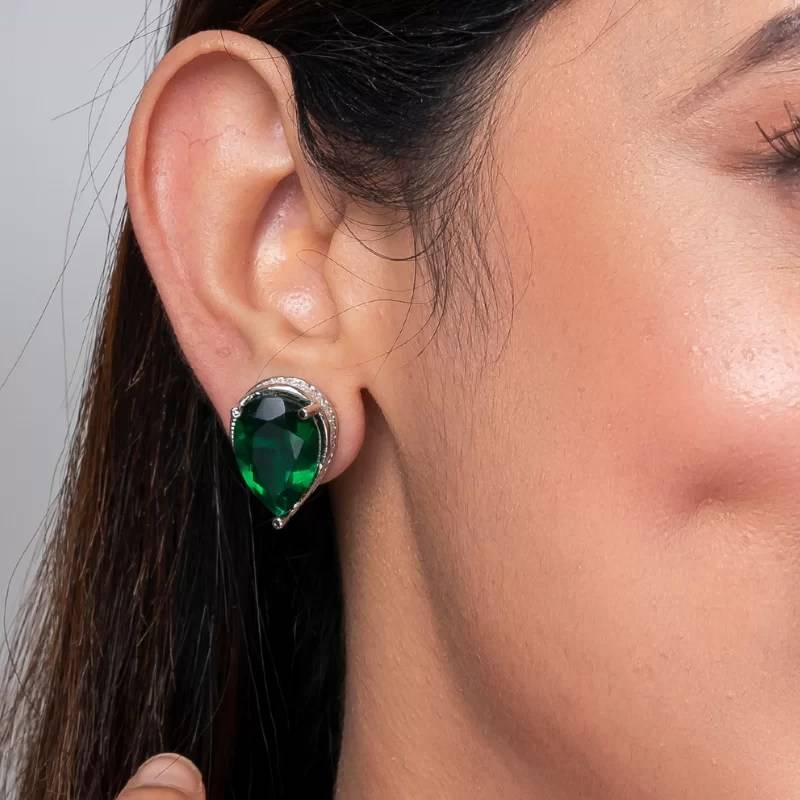 Rhodium-Plated American Diamond Leaf Shaped Studs Earrings