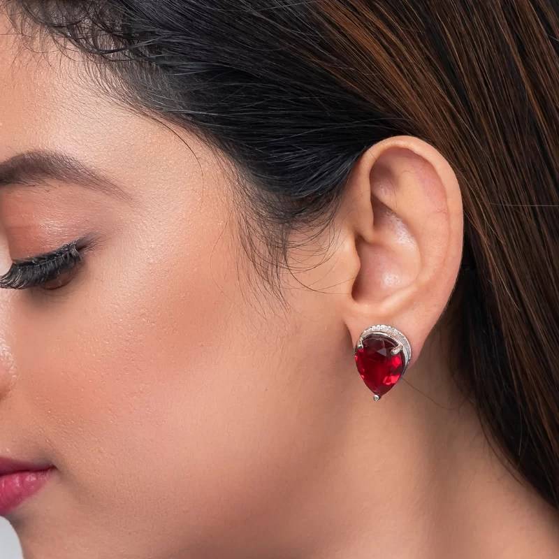 Rhodium-Plated American Diamond Leaf Shaped Studs Earrings