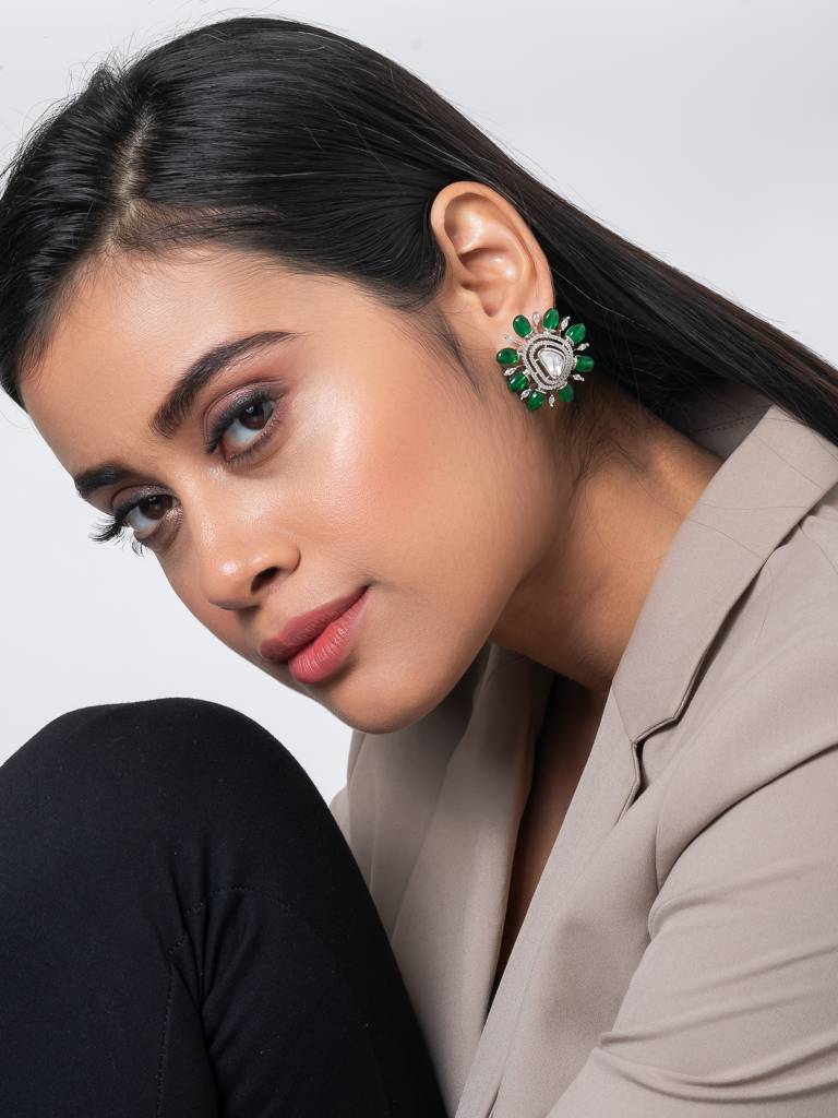 Silver Plated Green Color Stone Kundan Floral Earring