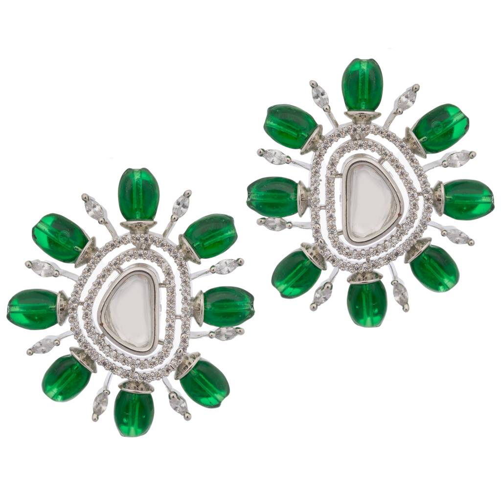 Silver Plated Green Color Stone Kundan Floral Earring