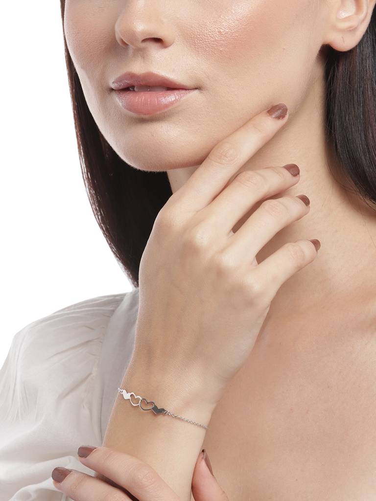 Carlton London 925 Sterling Silver Rhodium Plated Heart Duo Bracelet, Adjustable : SILB123