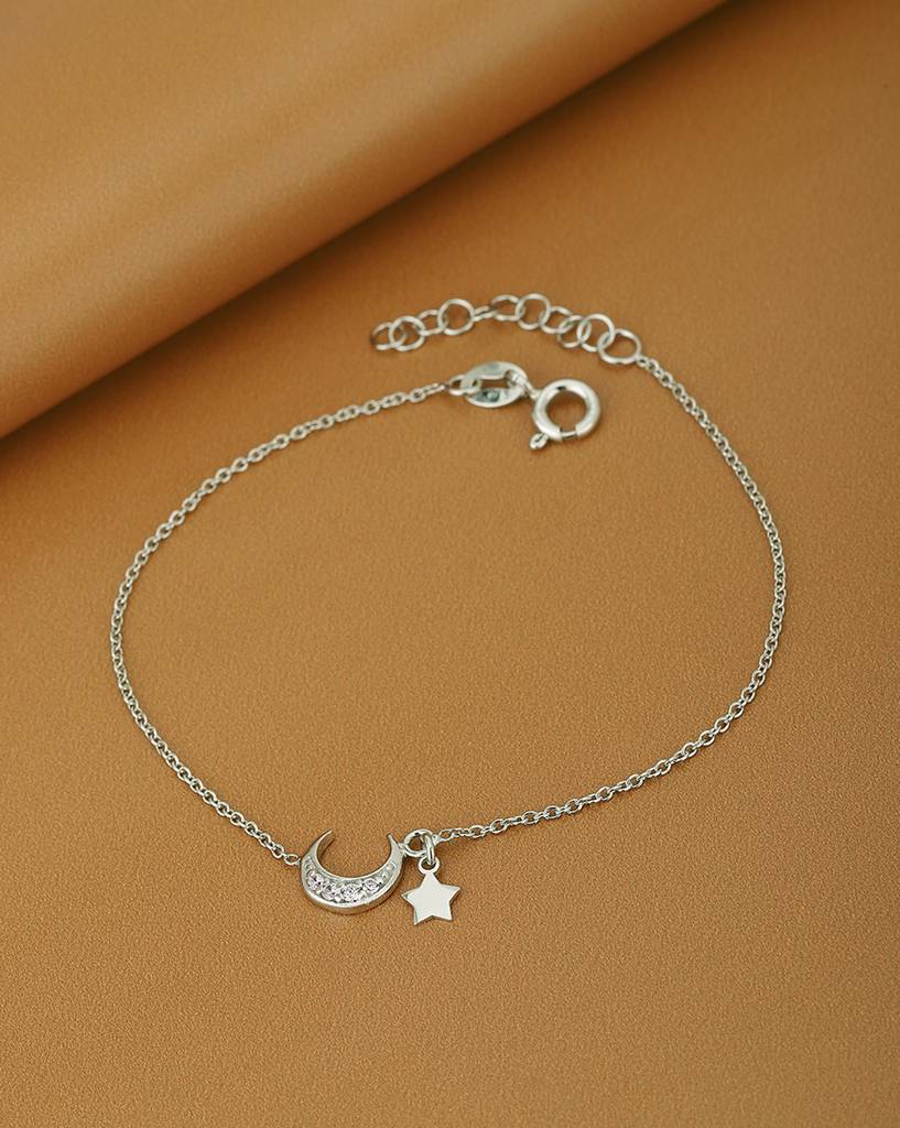 Carlton London 925 Sterling Silver Rhodium Plated Moon & Stars Charm Bracelet Adjustable : SILB138