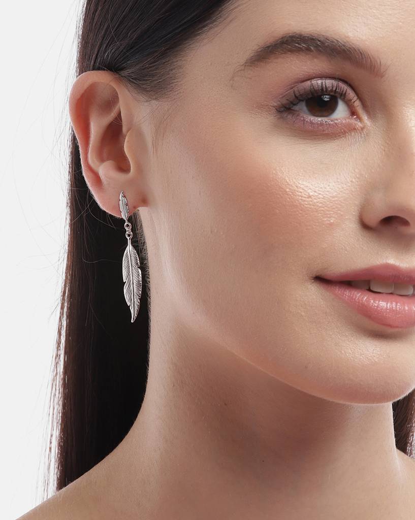 Carlton London Rhodium-Plated Leaf Shaped 925 Sterling Silver Drop Earrings : SILE143