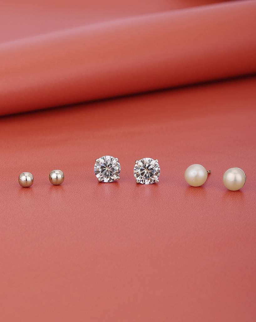 Carlton London 925 Sterling Silver Set Of 3 Rhodiumplated With Zirconia-Pearl Stud Earring : SILE183