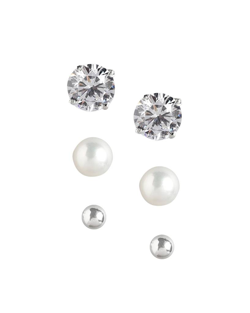 Carlton London 925 Sterling Silver Set Of 3 Rhodiumplated With Zirconia-Pearl Stud Earring : SILE183