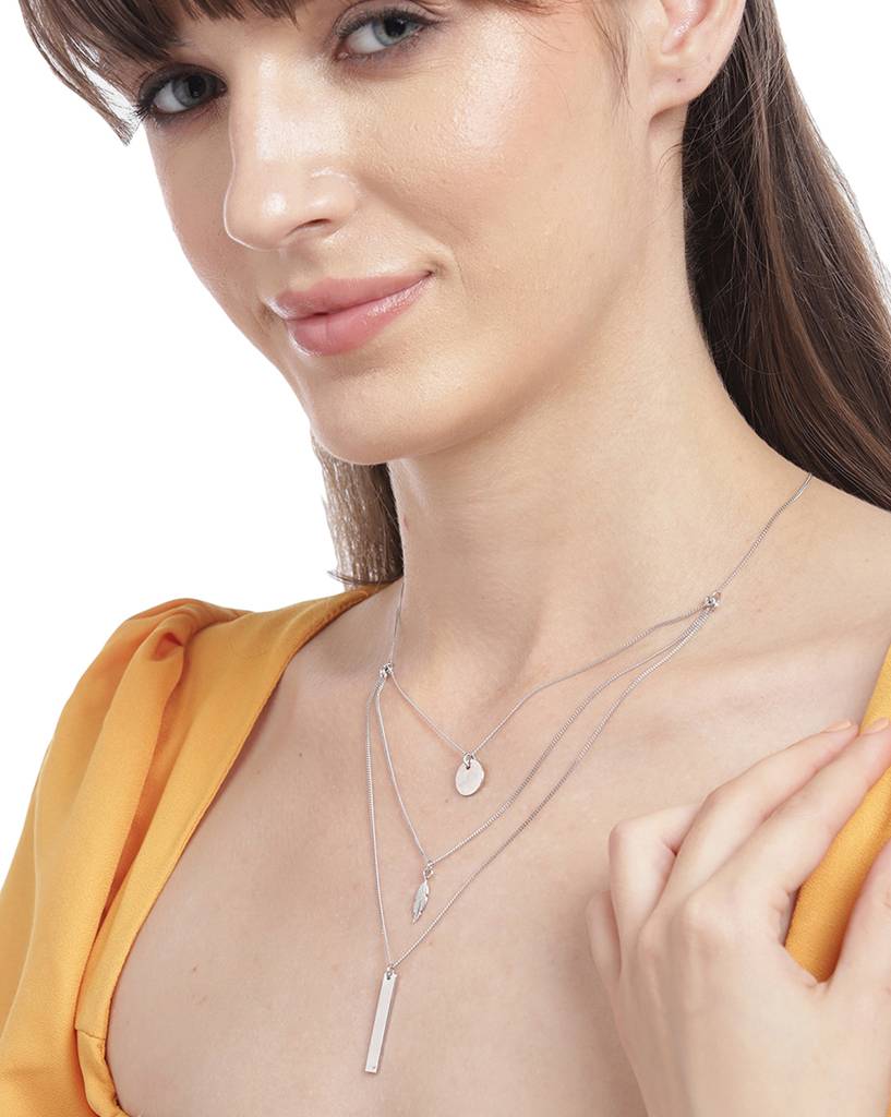 Carlton London 925 Sterling Silver Rhodium Plated Dangling Bar & Leaf Layered Necklace : SILN209