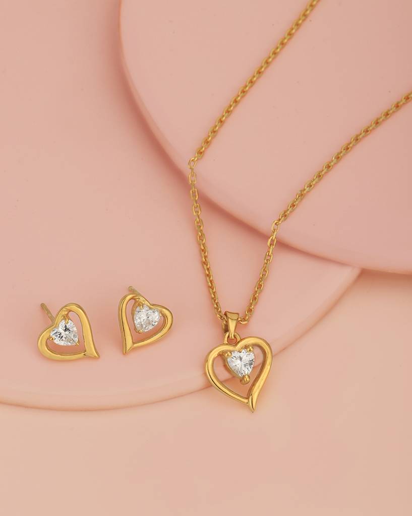Carlton London 925 Sterling Silver 18Kt Rose Gold Plated Heart Design  Necklace Earrings Sterling Silver Gold One Size