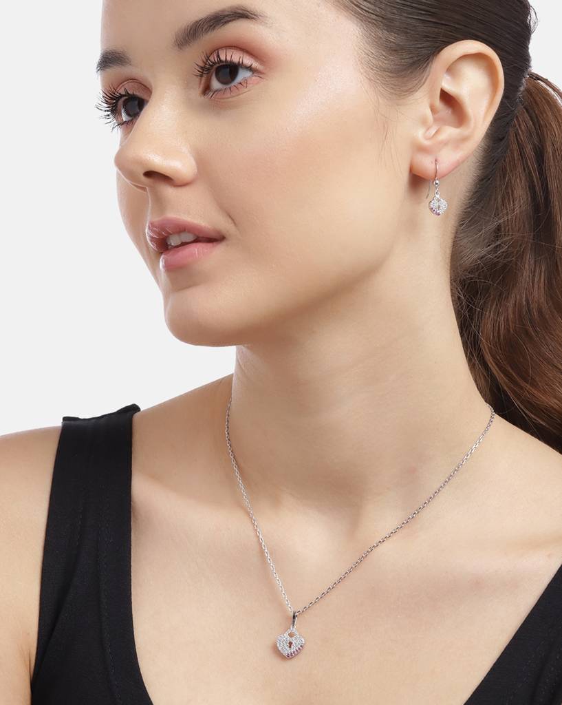 Carlton London 925 Sterling Silver Rhodium Plated Heart Design Necklace & Earrings : SILS360