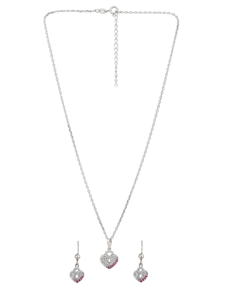 Carlton London 925 Sterling Silver Rhodium Plated Heart Design Necklace & Earrings : SILS360