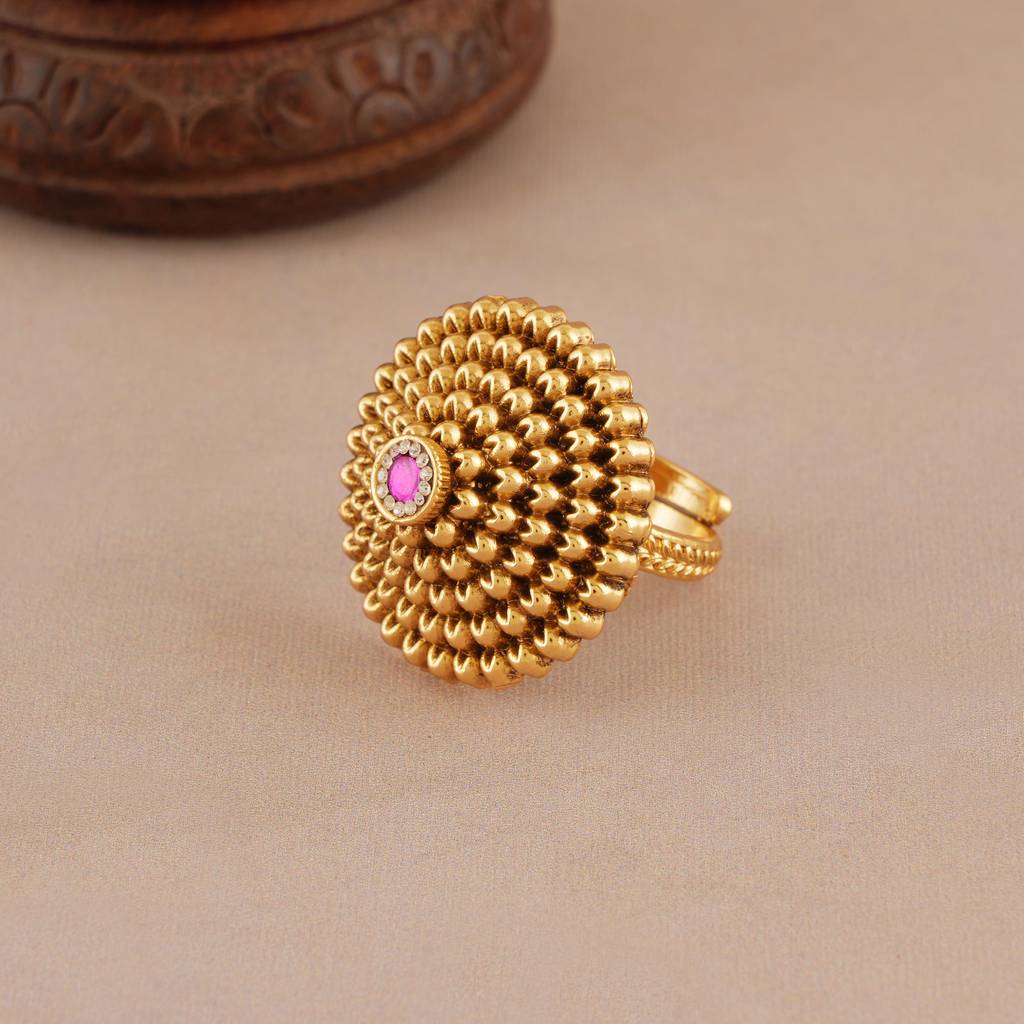 Stunning Antique Gold Intricate Ruby Adjustable Finger Ring : SJ394