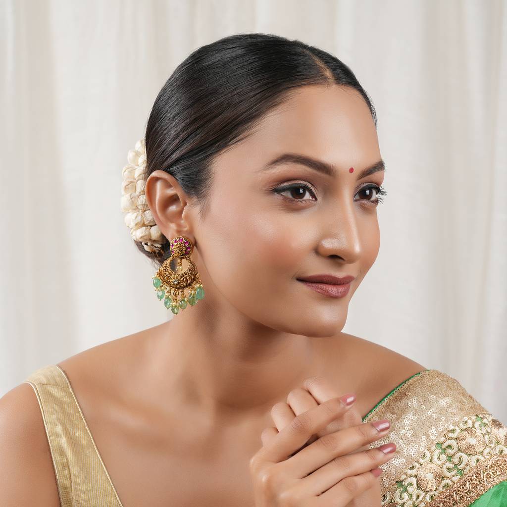 Stunning Antique Gold Mutilcolor Stone Fall Chandbali Earring : SJ395