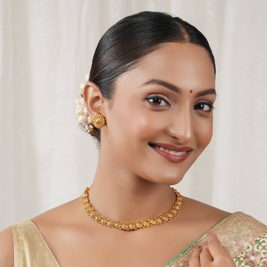 Cute Floral Simple Plain Antique Gold Neckalce Set : SJ396