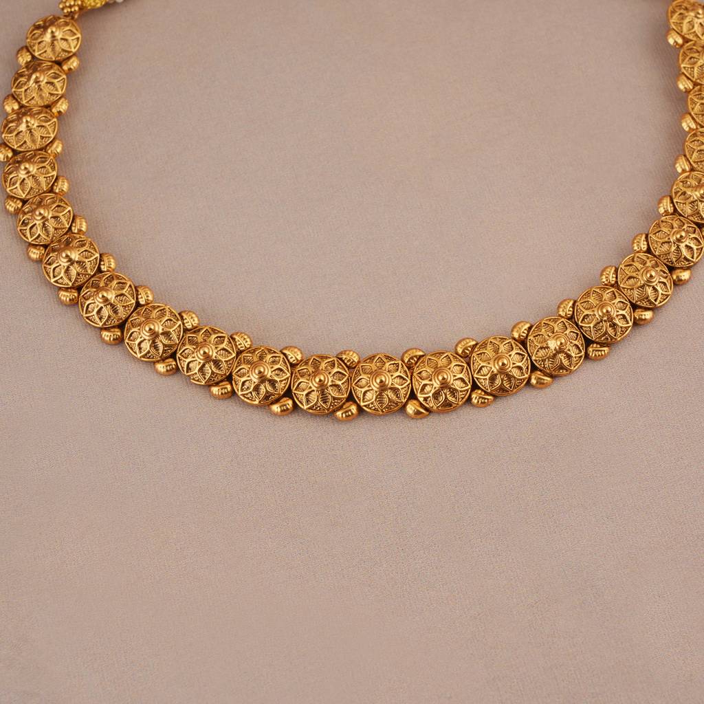 Cute Floral Simple Plain Antique Gold Neckalce Set : SJ396