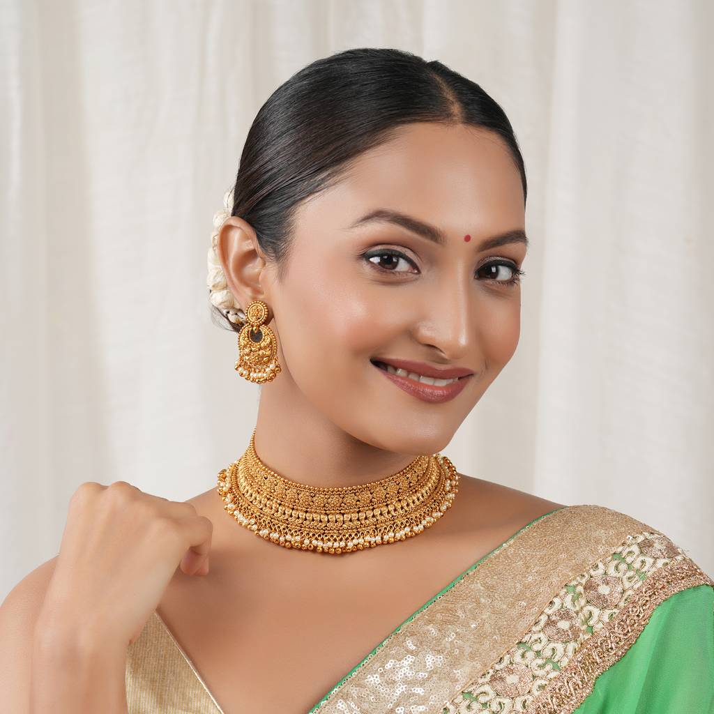 Stunning Antique Gold Pearl Drop Choker Necklace Set : SJ400