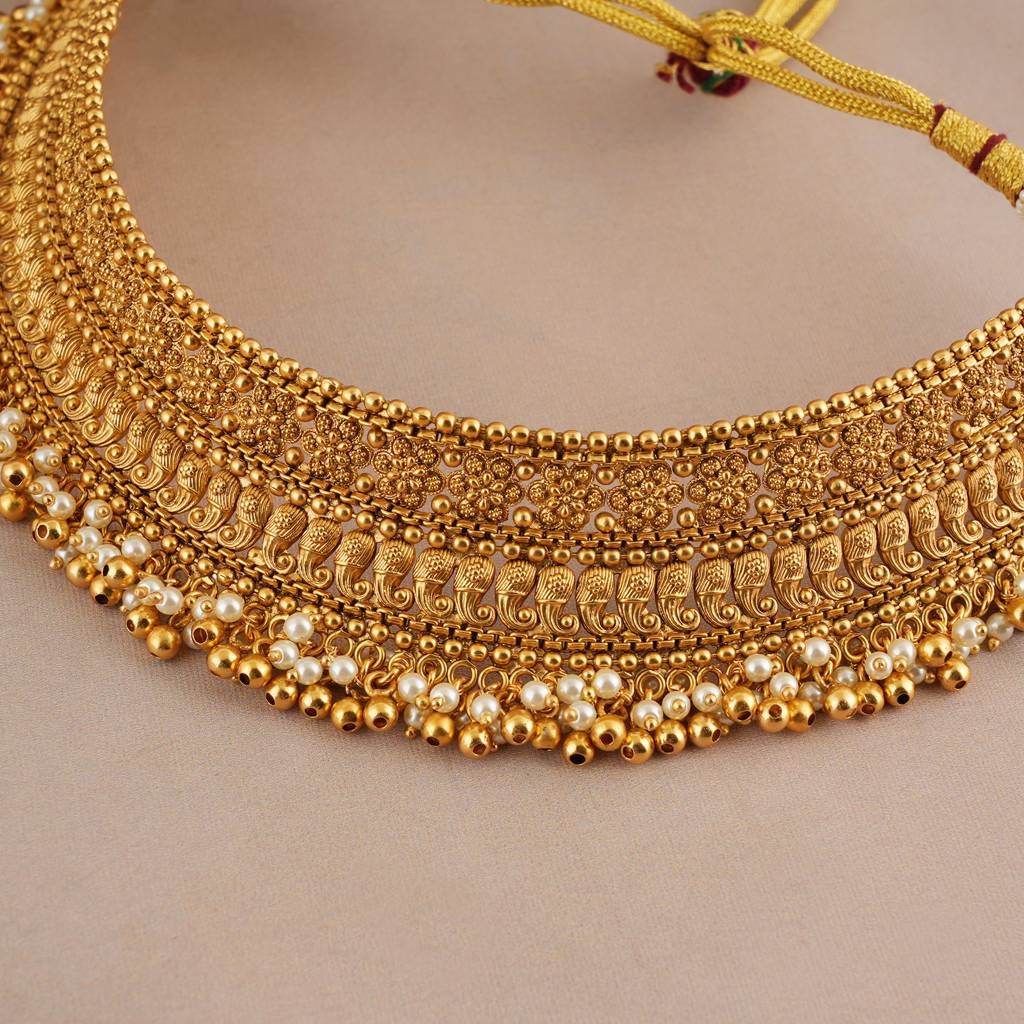 Stunning Antique Gold Pearl Drop Choker Necklace Set : SJ400
