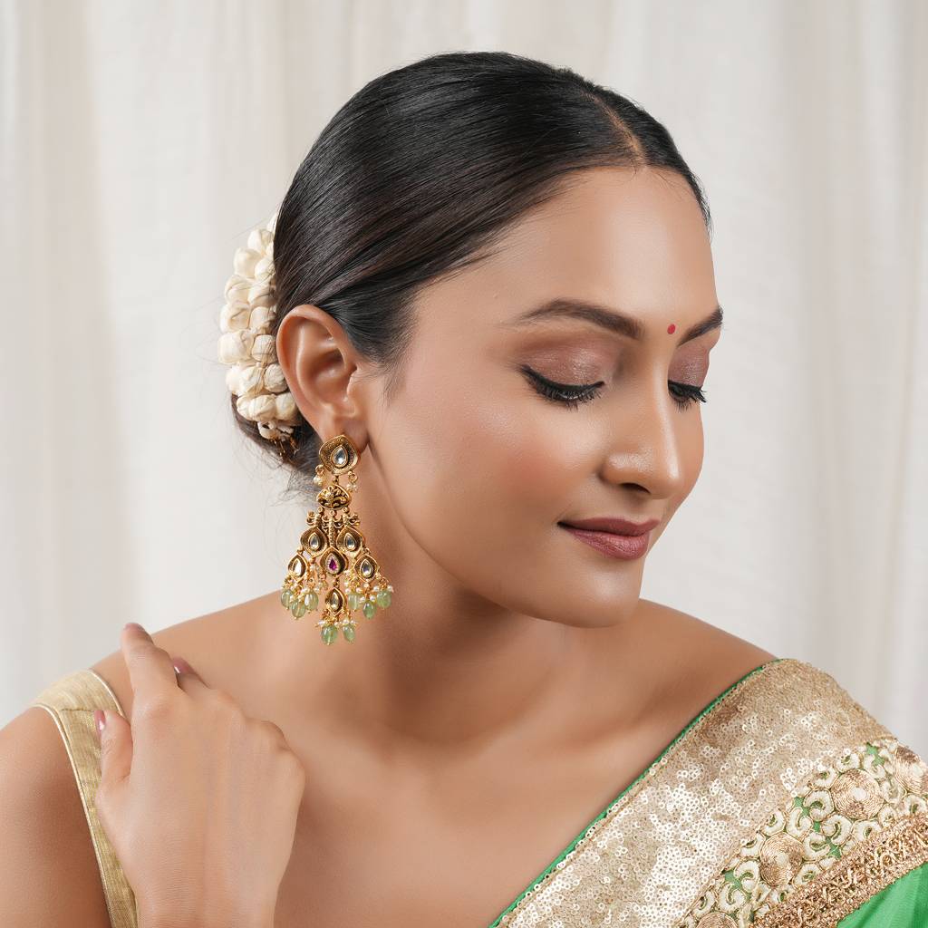 Stunning Long Antique Gold  Multicolor Stone Earring : SJ402