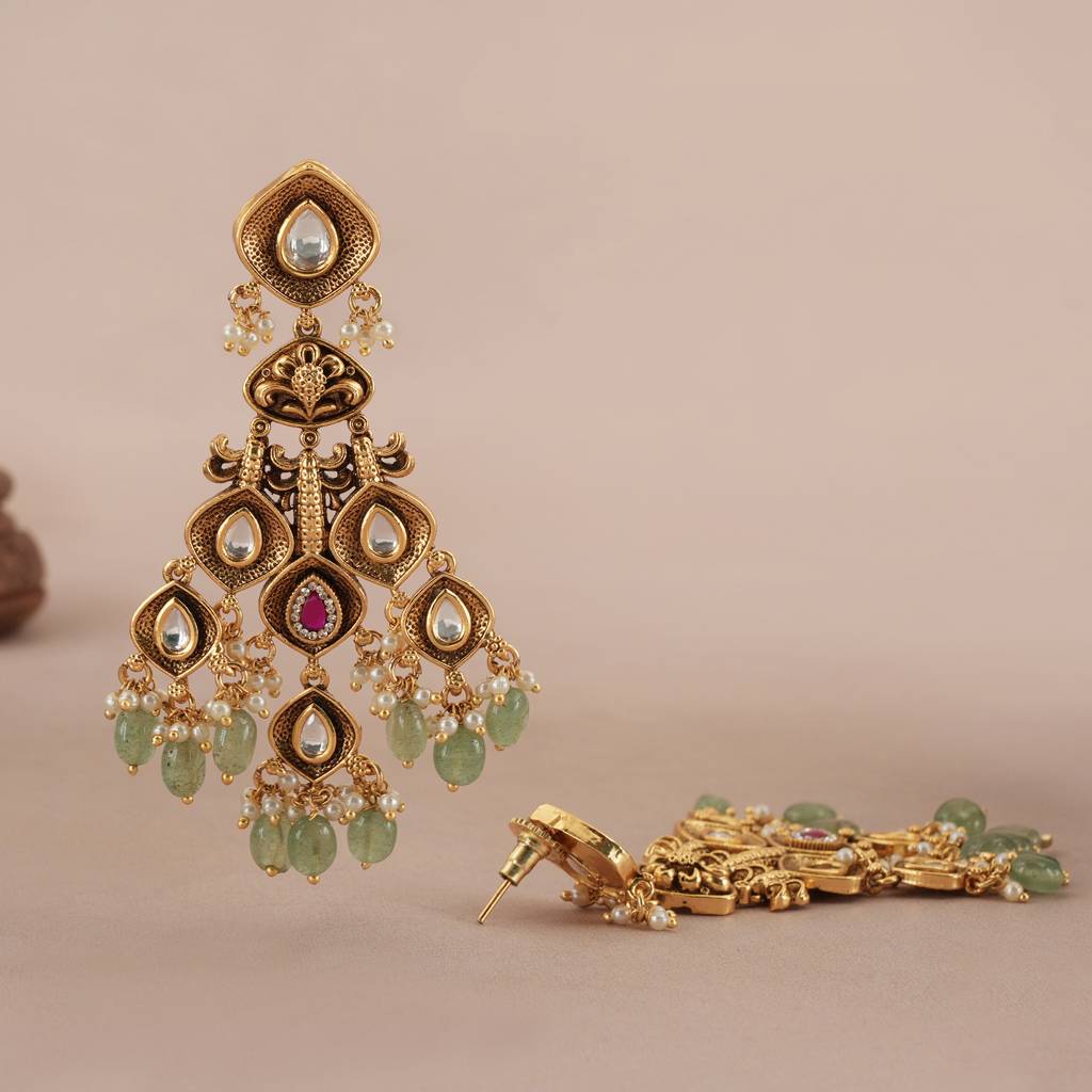 Stunning Long Antique Gold  Multicolor Stone Earring : SJ402