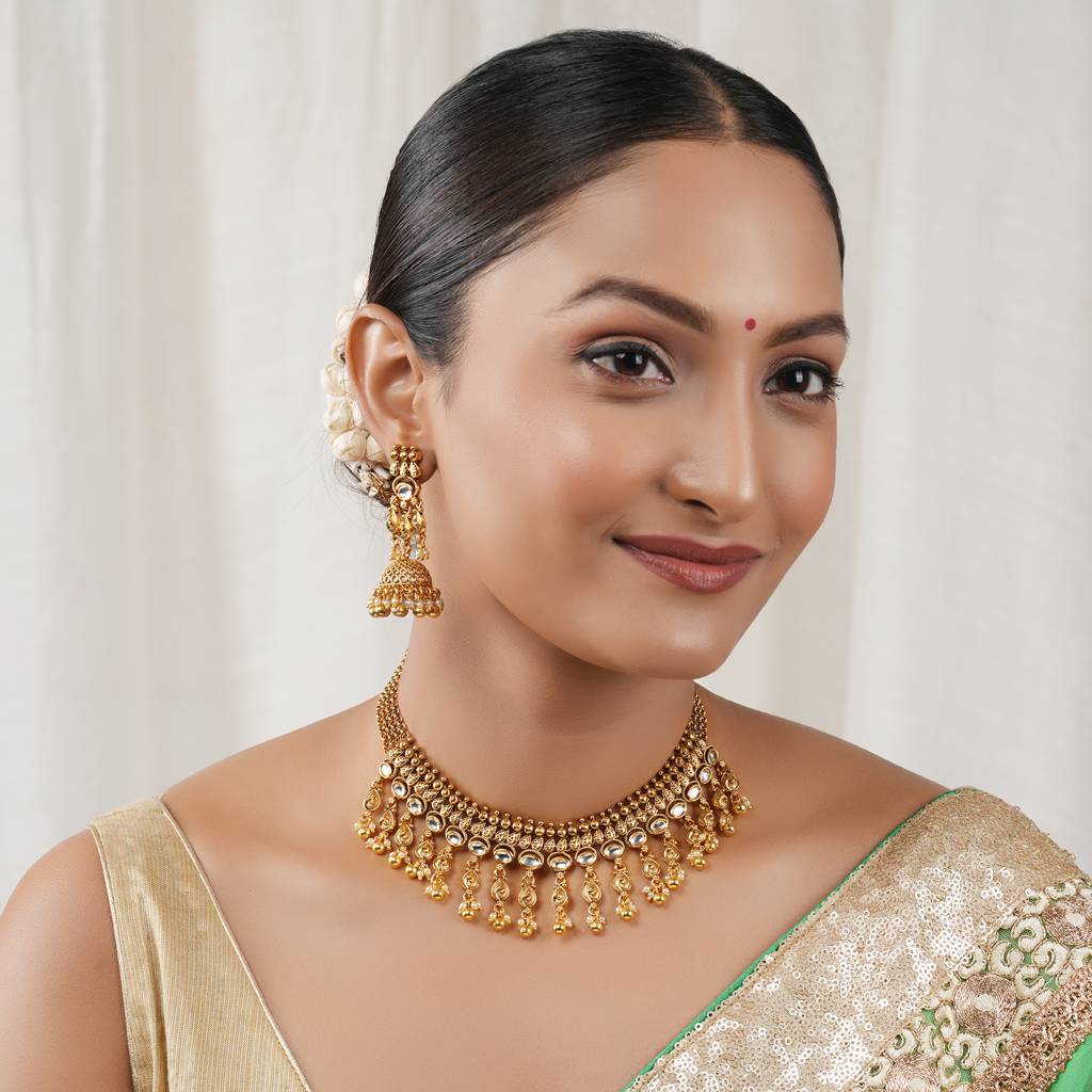 Beautiful Kundan Antique Gold Layered Choker Necklace Set : SJ403