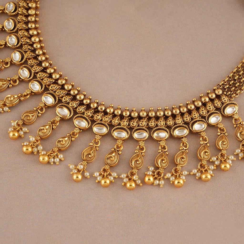 Beautiful Kundan Antique Gold Layered Choker Necklace Set : SJ403