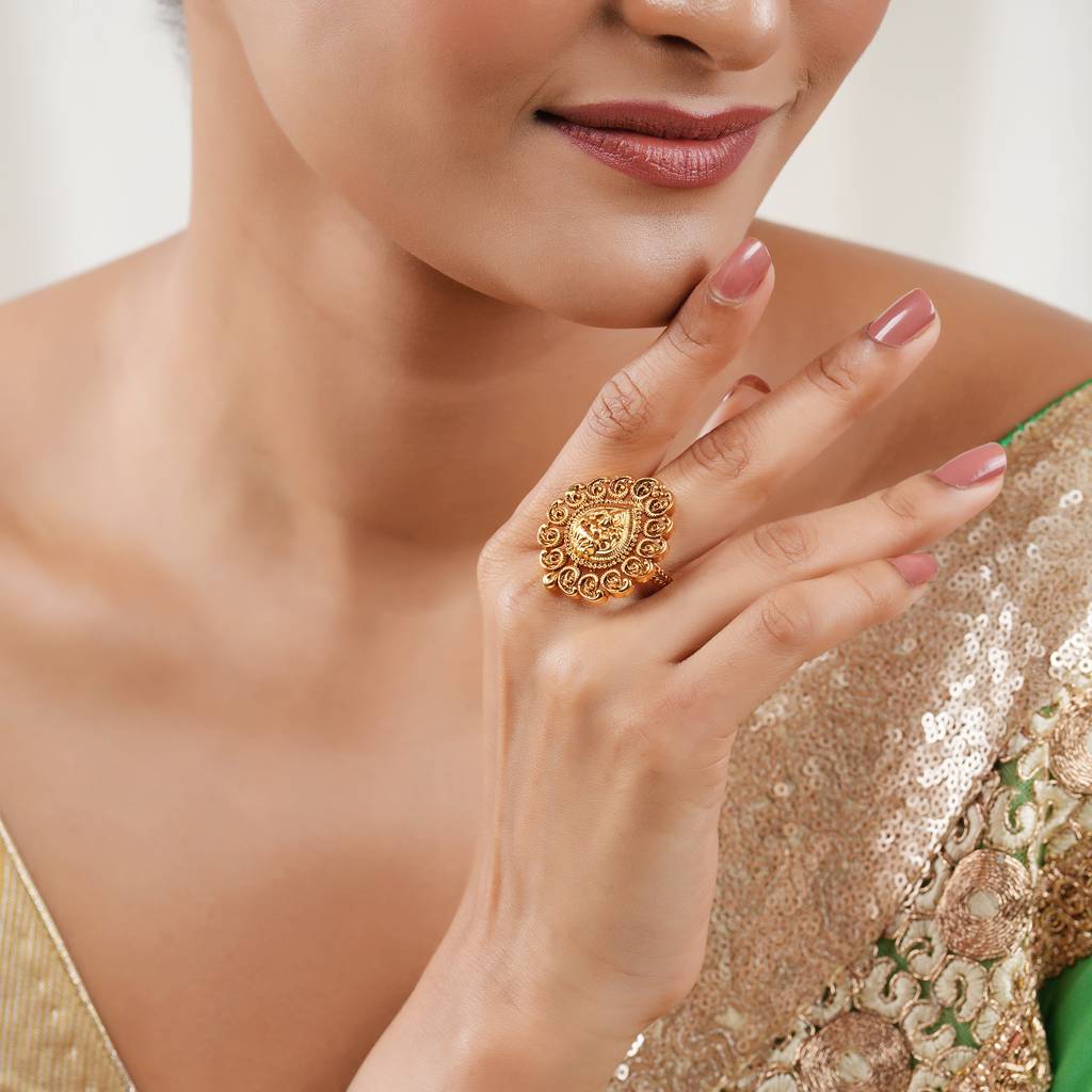 Stunning Plain Antique Gold Maa Lakshmi Adjustable Finger Ring I Temple Jewellery : SJ405