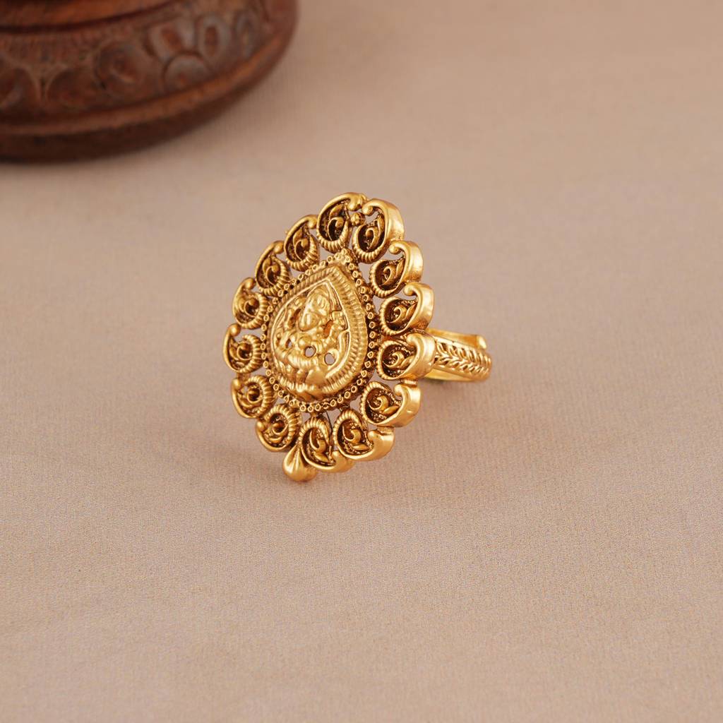 Stunning Plain Antique Gold Maa Lakshmi Adjustable Finger Ring I Temple Jewellery : SJ405