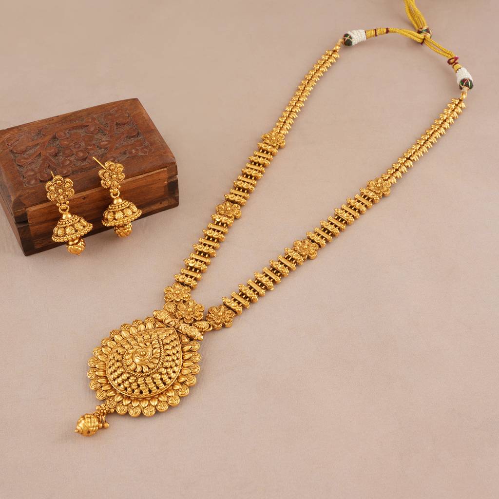 Long Antique Gold Plain Necklace Set With Jhumka Earring : SJ416