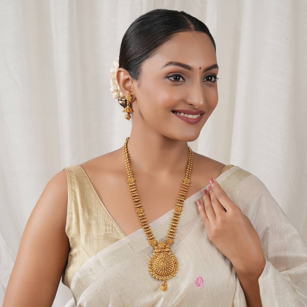 Long Antique Gold Plain Necklace Set With Jhumka Earring : SJ416