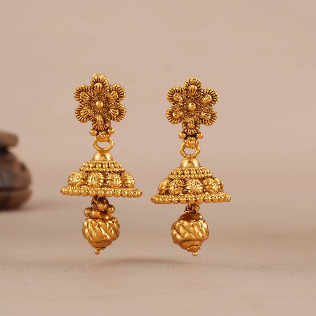 Long Antique Gold Plain Necklace Set With Jhumka Earring : SJ416