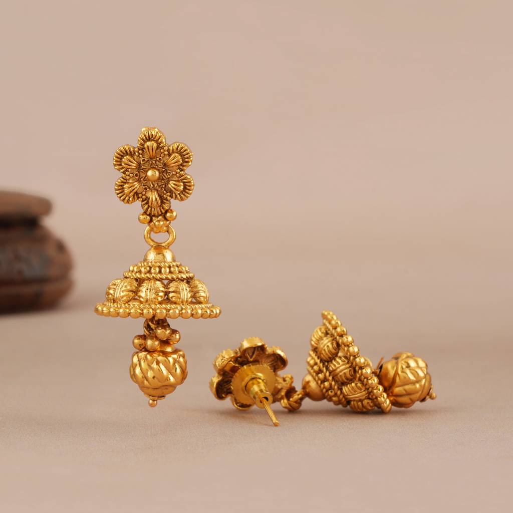 Long Antique Gold Plain Necklace Set With Jhumka Earring : SJ416