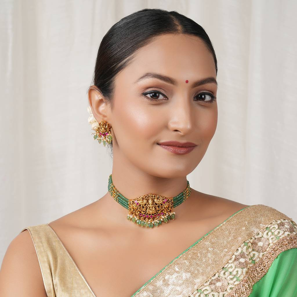 Stunning Maa Lakshmi Antique Gold Muticolor Choker Set I Temple Jewellery : SJ420