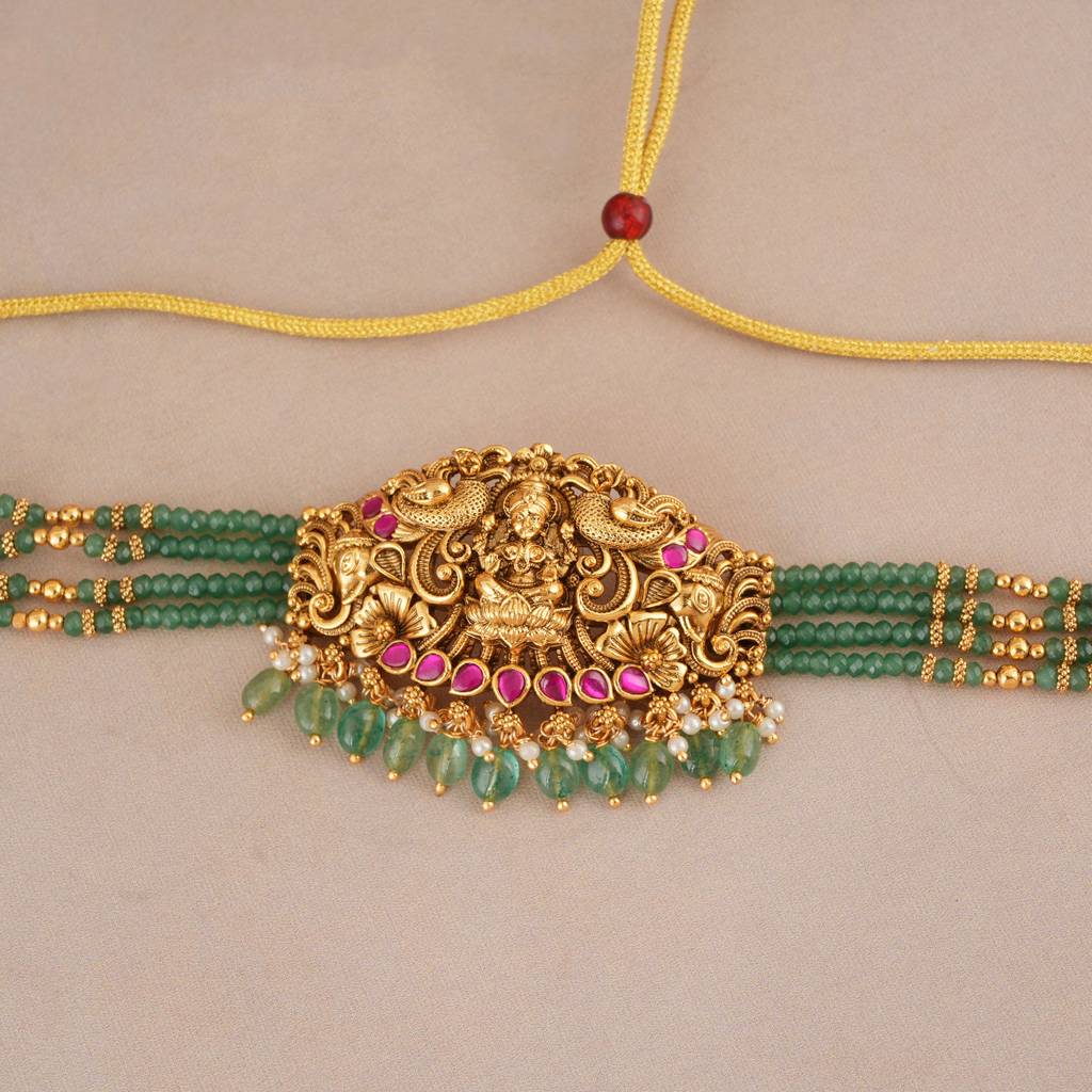 Stunning Maa Lakshmi Antique Gold Muticolor Choker Set I Temple Jewellery : SJ420