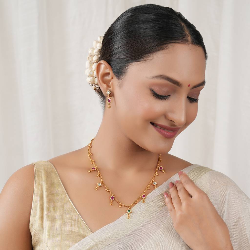 Elegant Sleek Multicolor Stone String Necklace Set : SJ435