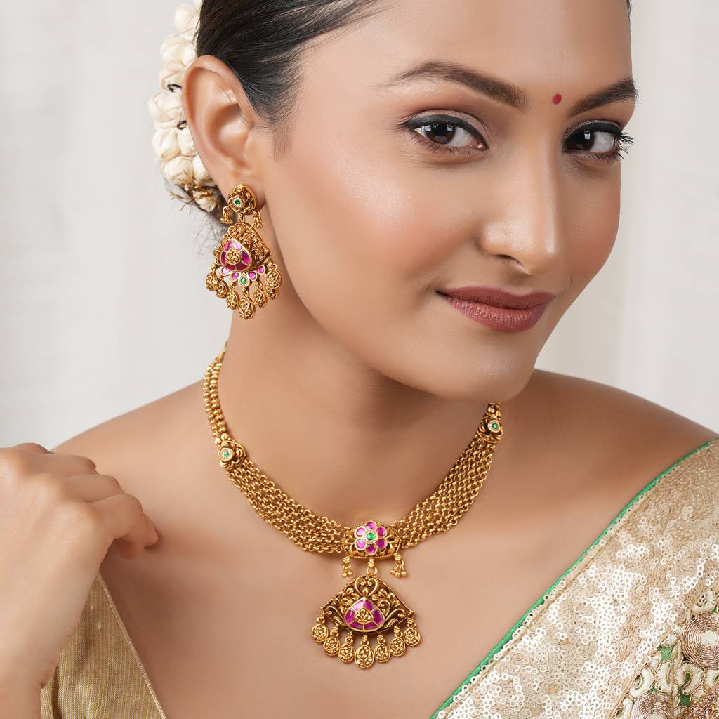 Stunning Traditional Antique Gold Ruby Stone Necklace Set : SJ437