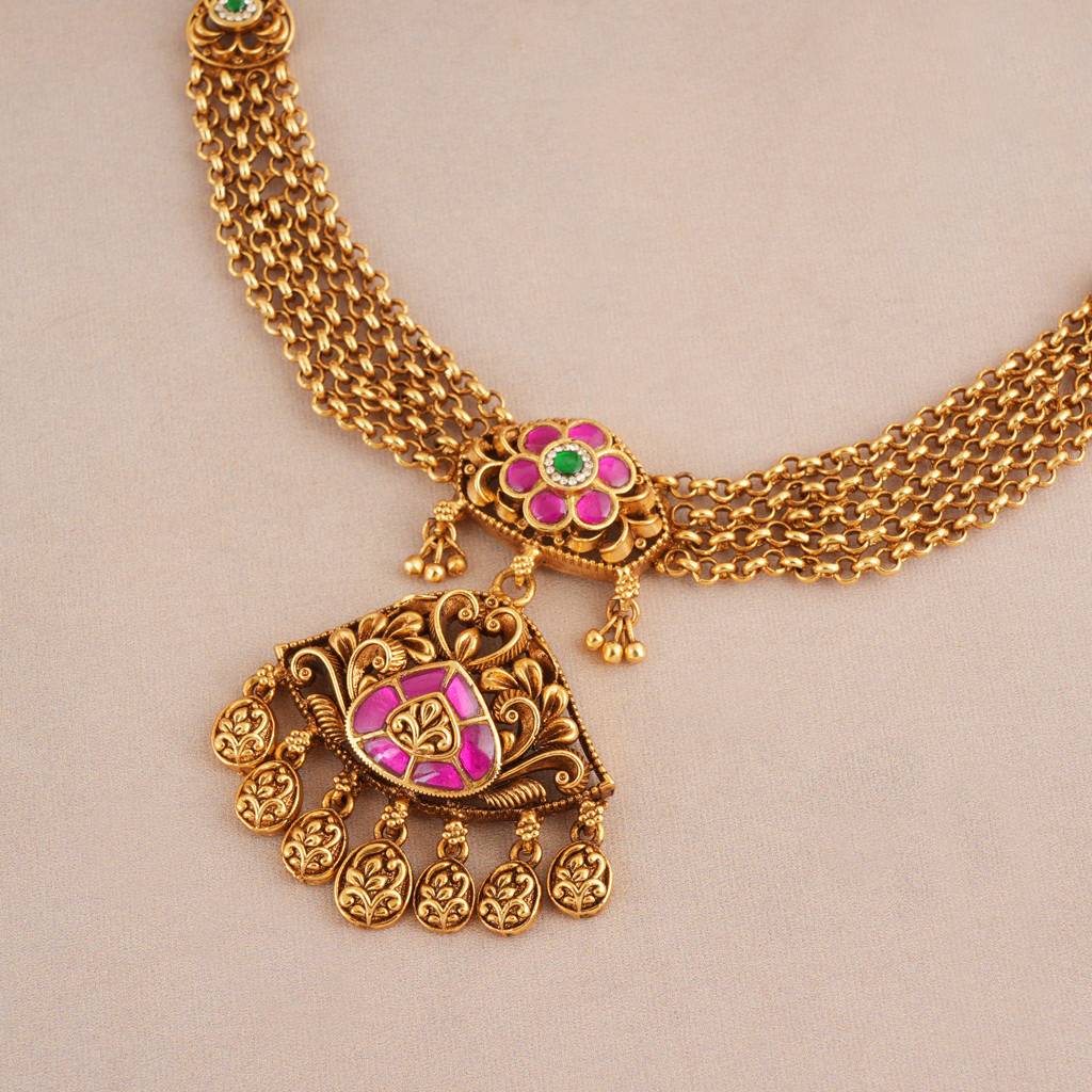 Stunning Traditional Antique Gold Ruby Stone Necklace Set : SJ437