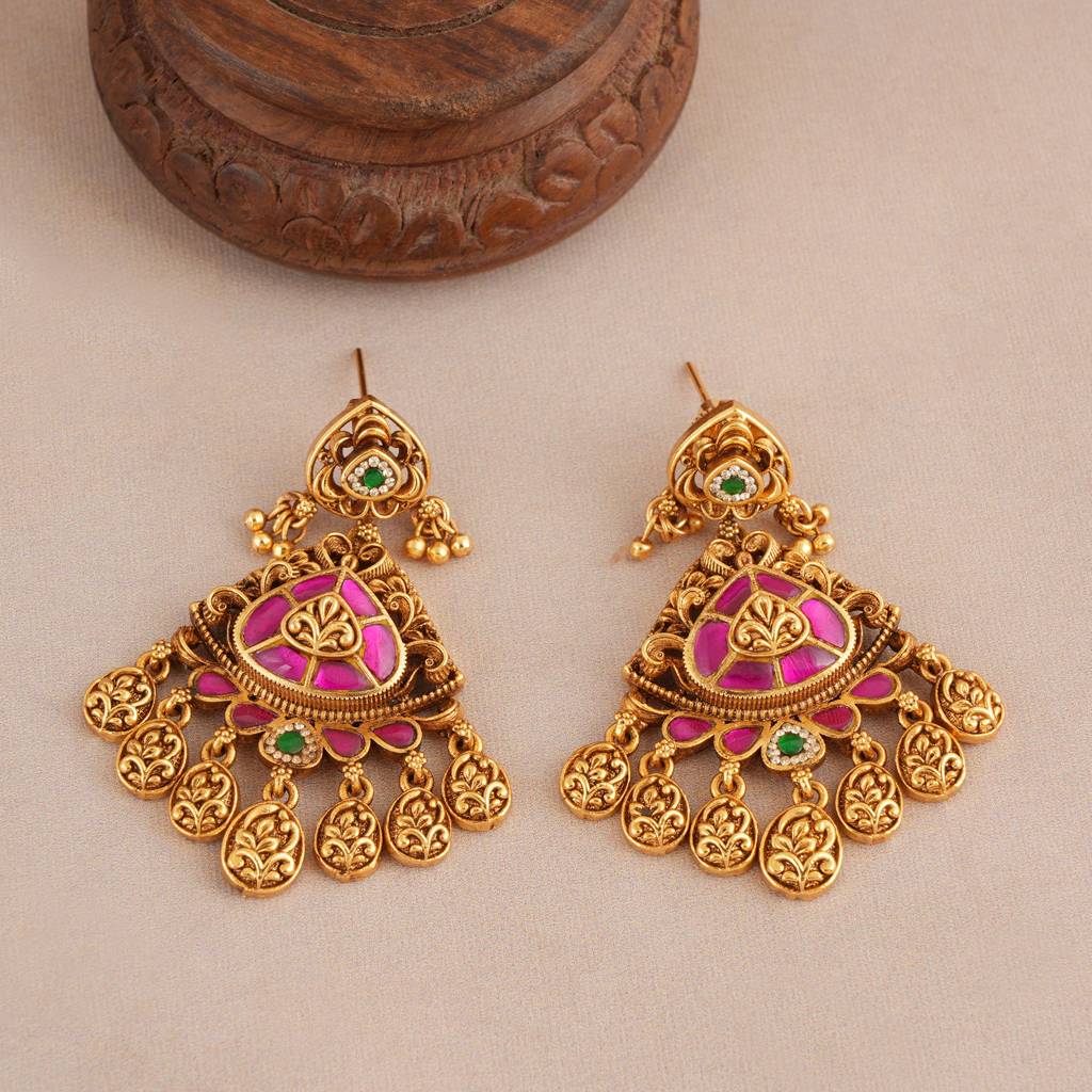 Stunning Traditional Antique Gold Ruby Stone Necklace Set : SJ437