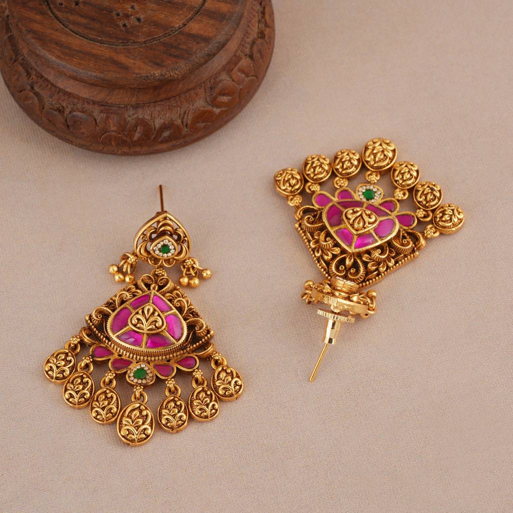 Stunning Traditional Antique Gold Ruby Stone Necklace Set : SJ437