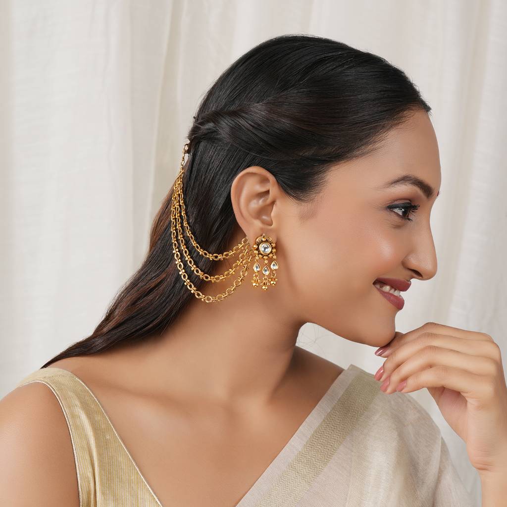Elegant Plain Antique Gold Three Layer Ear Chain : SJ445