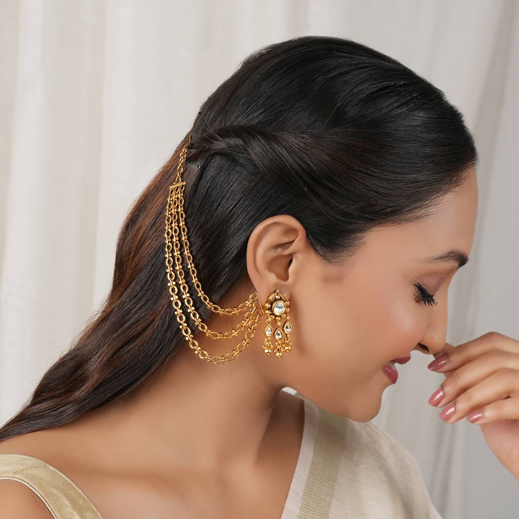 Elegant Plain Antique Gold Three Layer Ear Chain : SJ445