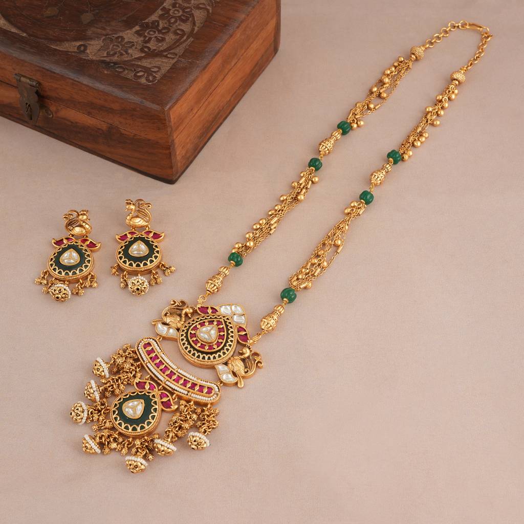 Long Rajwadi Multicolor Stone Antique Gold Necklace Set : SJ446