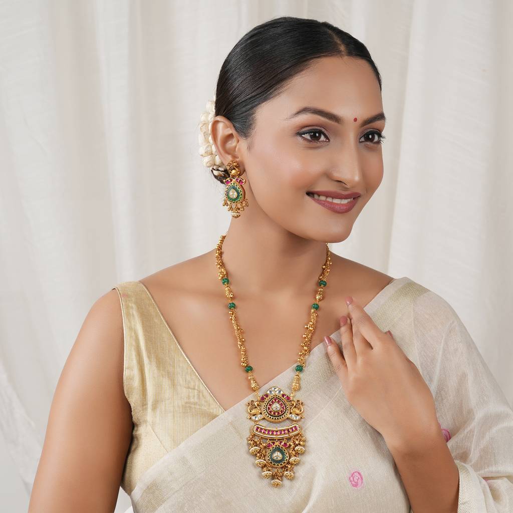 Long Rajwadi Multicolor Stone Antique Gold Necklace Set : SJ446
