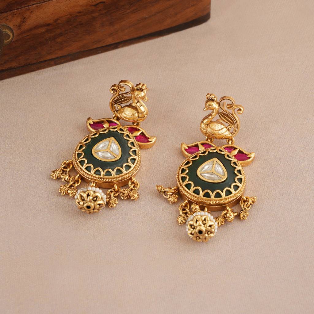 Long Rajwadi Multicolor Stone Antique Gold Necklace Set : SJ446