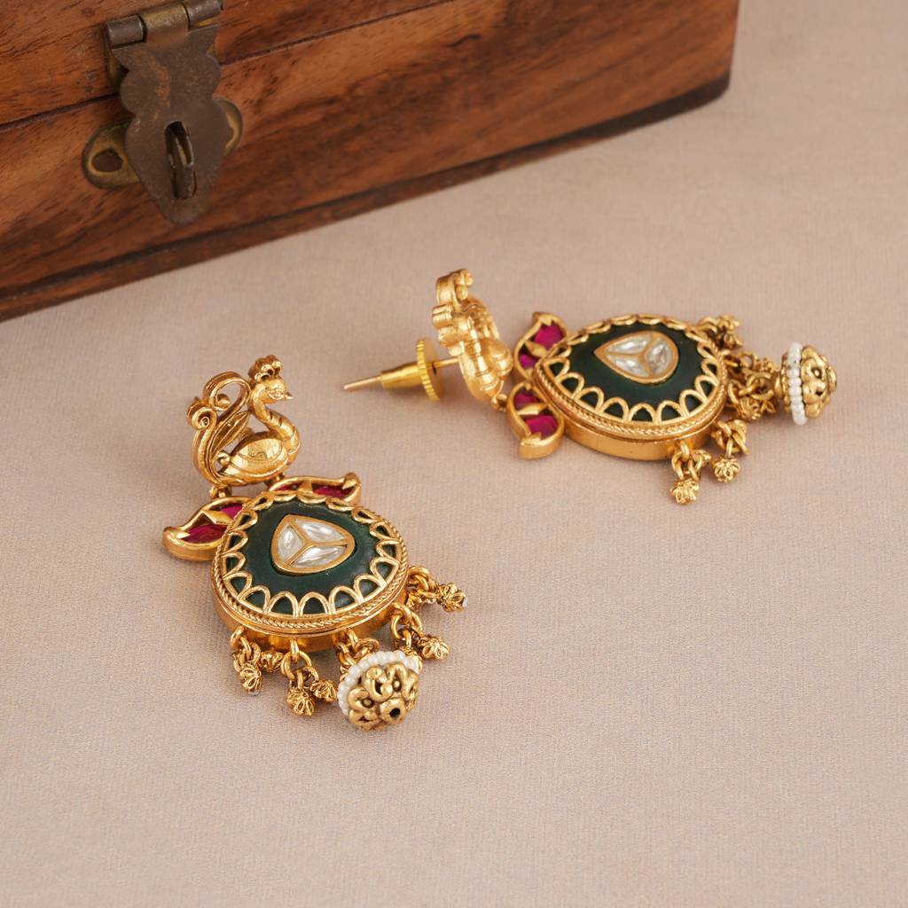 Long Rajwadi Multicolor Stone Antique Gold Necklace Set : SJ446