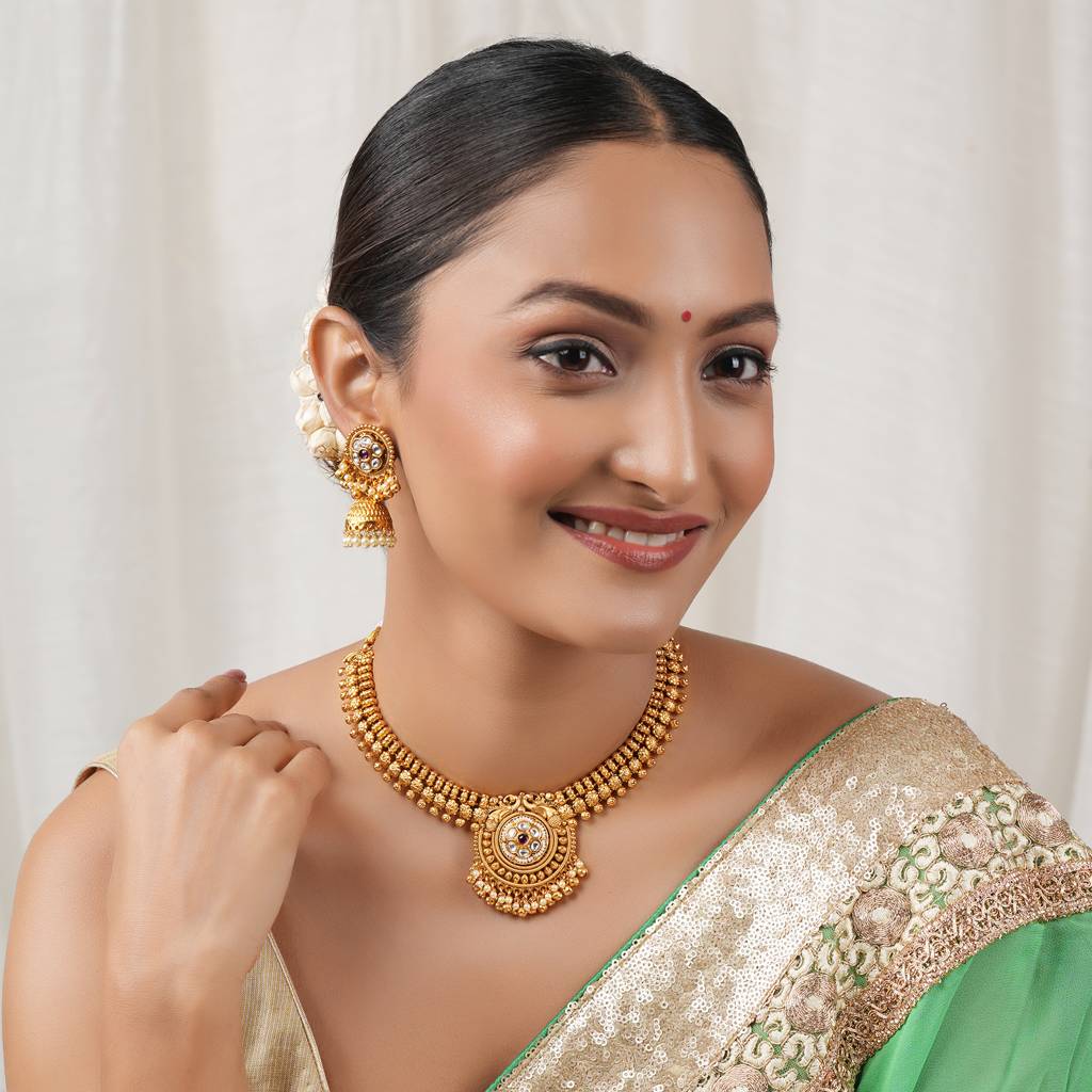 Stunning Traditional Antique Gold Floral Kundan Necklace Set : SJ451