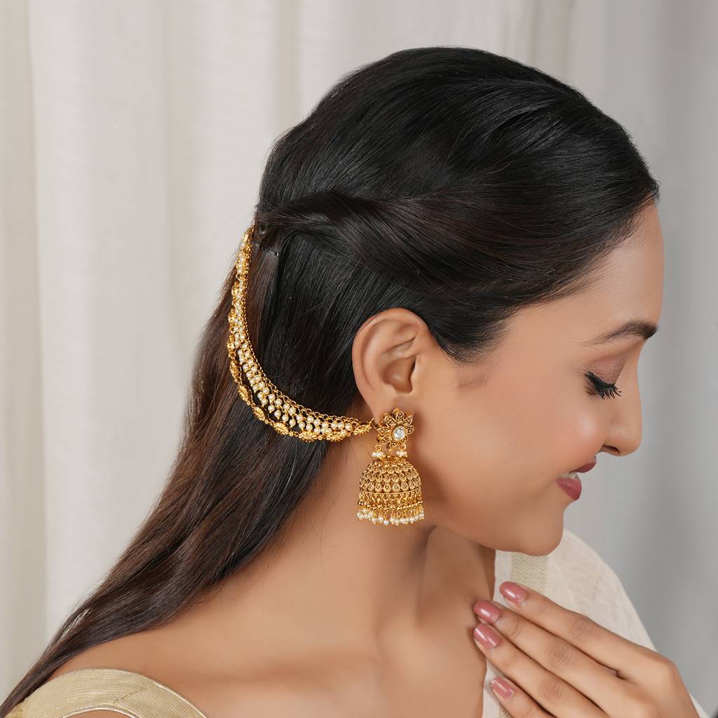 Pearl Antique Gold Three Line Ear Chain : SJ452