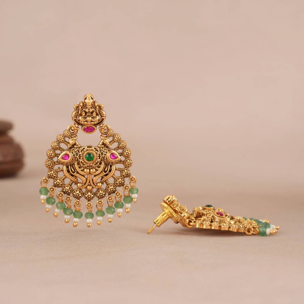 Elegant Stone Drop Antiqye Gold Maa Lakshmi Earring I Temple Jewellery : SJ455