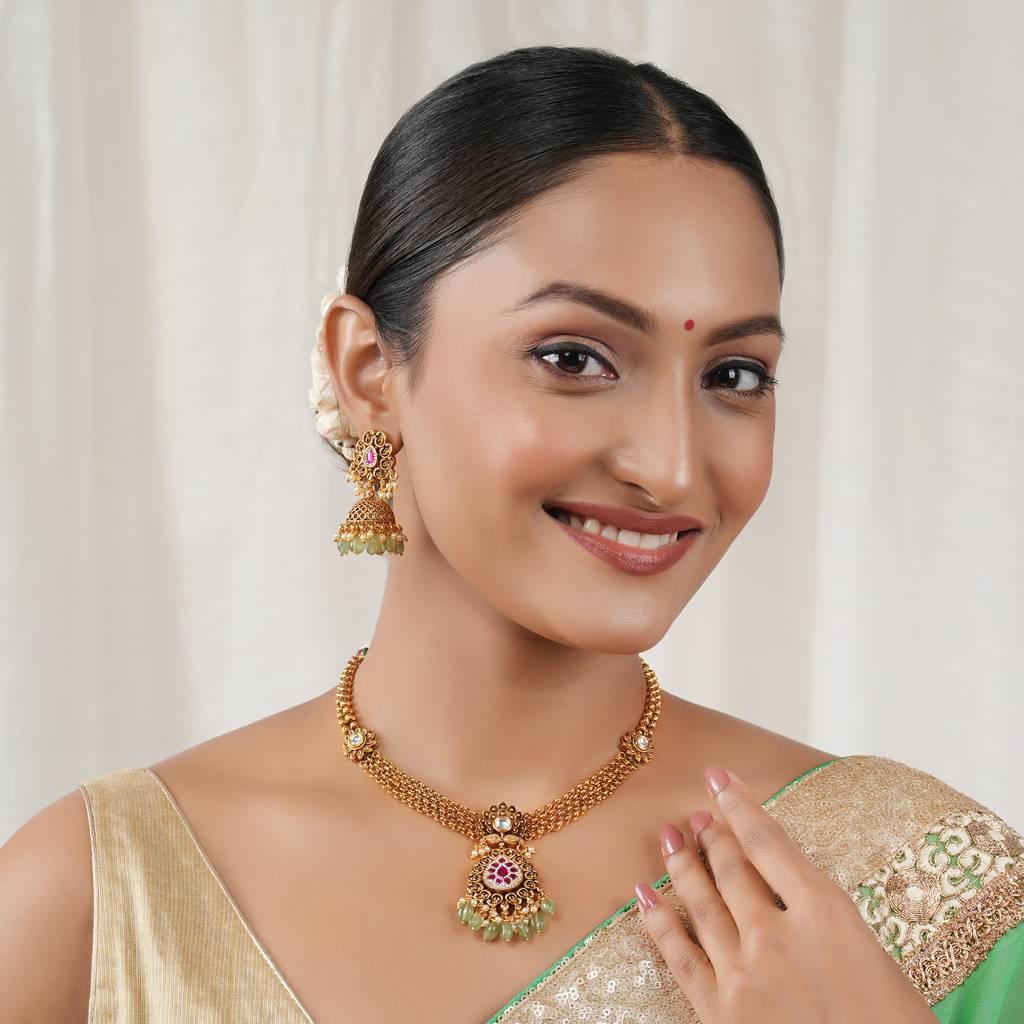 Stunning Antique Gold Traditional Stone Necklace Set With Jhumka Earring : SJ456