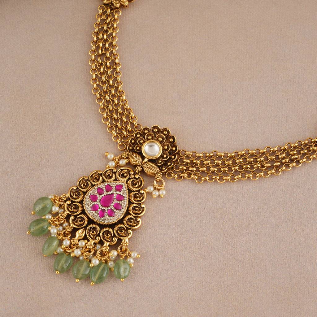 Stunning Antique Gold Traditional Stone Necklace Set With Jhumka Earring : SJ456