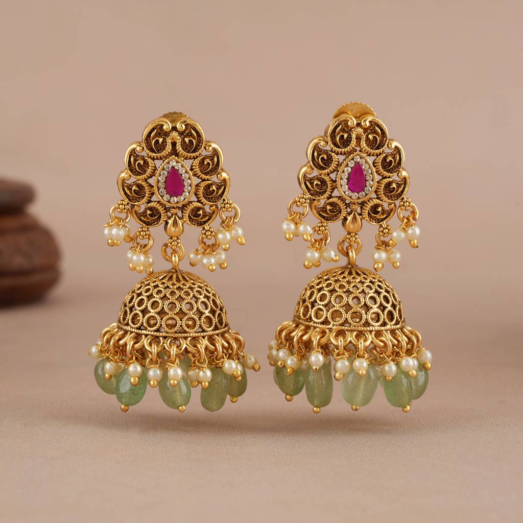 Stunning Antique Gold Traditional Stone Necklace Set With Jhumka Earring : SJ456