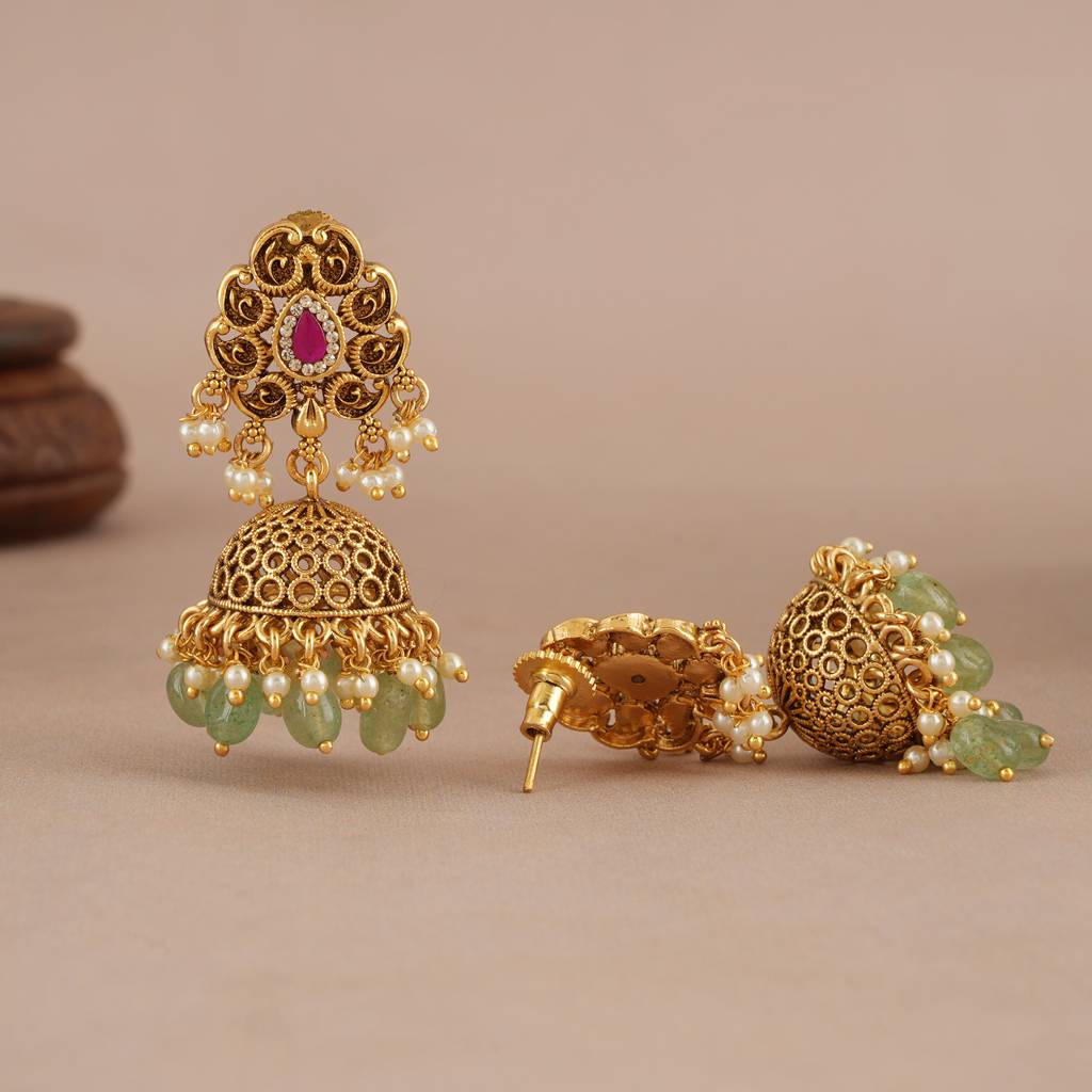 Stunning Antique Gold Traditional Stone Necklace Set With Jhumka Earring : SJ456